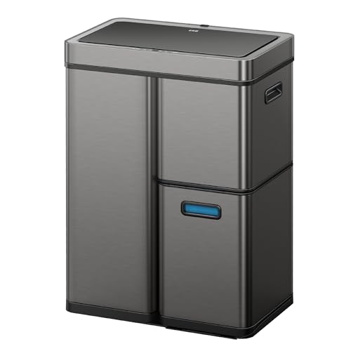 EKO Mirage Plus Mülltrennsystem mit 3 Fächer, 2 x 15 L und 30 L, Recycler Mülleimer mit Sensor, 3 Kunststoff Inneneimer, Automatischer Abfalleimer mit Deckel, großer Mülleimer Küche 60l, Gunmetal