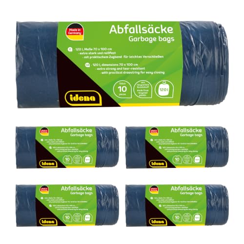 Idena 50056-5 - Abfallsäcke Set, 5 Rollen mit jeweils 10 Stück, blau, 120 Liter, 40µ extra stark und reißfest, mit praktischem Zugband, Zugbandsäcke