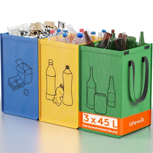Lifewit Mülltrennsystem für Küche,Mülleimer 3 fächer für Papier, Glas und Plastik ,Recycling behälter, Altpapier sammelbehälter und Pfandflaschen sammelbehälter, 3 X 45L, Einfache Entleerung