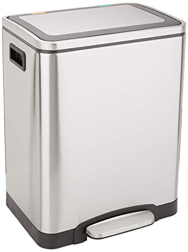 Amazon Basics 30L Rechteckig Dual Bin Soft-Close Mülleimer mit Fußpedal - 2 x 15 Liter Eimer, Edelstahl, Silber, geeignet für 1 oder 2 Personen