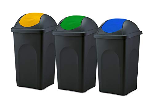 BigDean 3x Mülleimer groß 60L - schwarz - mit Schwingdeckel gelb, grün & blau - aus Kunststoff - Müllsammler Abfalleimer Mülltonne Abfallbehälter - Made in Italy