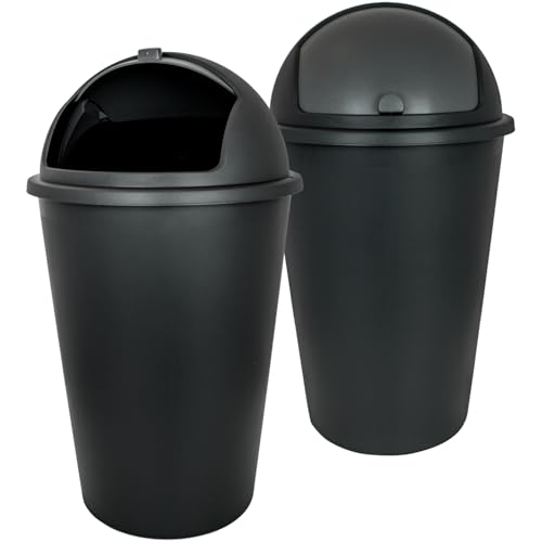 SUSTANIA 2er Set Abfalleimer Silver 50L mit schwarz Schiebedeckel Ø 25cm x H 68cm, Mülleimer groß aus Kunststoff für Küche und Büro – Müllbehälter geruchsdicht mit rundem Deckel, Made in EU