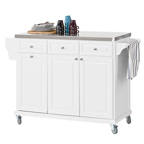 SoBuy Kücheninsel auf Rollen Servierwagen mit Rollen Küchenwagen mit Edelstahl-Arbeitsplatte Rollwagen mit Schubladen Barwagen für Küche, Esszimmer, Frühstücksbar Weiß 133 x 95 x 48,5 cm FKW33-W