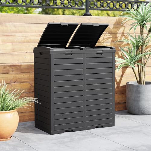 GIANTEX Mülleimer 2 Fächer Outdoor, 235 L, Abfalleimer mit Doppeldeckel & Griff, Mülltonne Abfalltonne Garten, Abfallcontainer mit ausziehbarer Auffangschale, wasserdichter Müllbehälter Müllcontainer