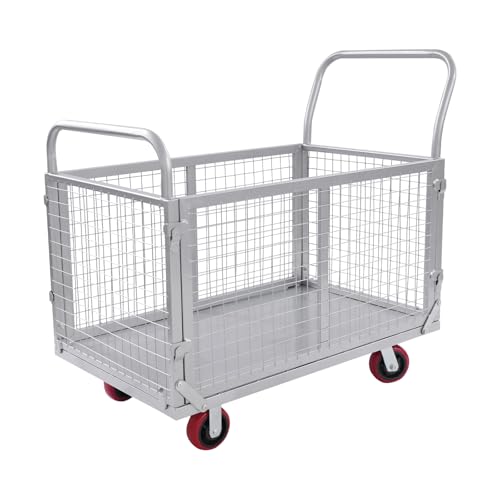 Plattformwagen Transportwagen mit Abnehmbaren Gitter Klappbar Gitterwagen mit Rollen Bremse Rollwagen Multifunktionaler Schubwagen Faltbarer Werkstattwagen Käfigwagen Handwagen, 100x60x94cm