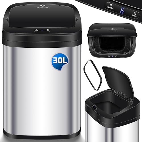 KESSER® Sensor Mülleimer Küche 30 L | Automatik mit Bewegungssensor Abfalleimer & Soft-Close-Deckel | Müllbehälter mit Touch-Bedienfeld & Sensor | LCD-Display | Edelstahl | inkl. Müllsackhalter Silber