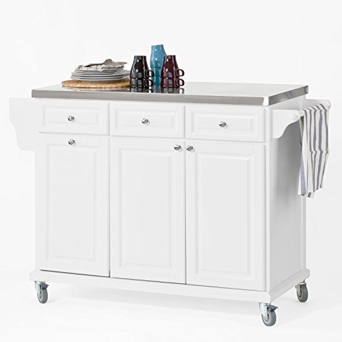 SoBuy Kücheninsel auf Rollen Servierwagen mit Rollen Küchenwagen mit Edelstahl-Arbeitsplatte Rollwagen mit Schubladen Barwagen für Küche, Esszimmer, Frühstücksbar Weiß 133 x 95 x 48,5 cm FKW33-W