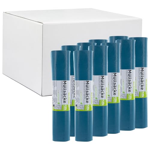 Hossi's Wholesale – 120 Liter Abfallsäcke 10 Rollen à 25 Stück – blaue Müllsäcke für Haus-, Garten- & Gastronomieabfälle – reißfeste Müllbeutel mit 39my Stärke (700 x 1100 mm)