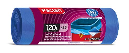 Paclan Zugbandsäcke 15 x 120L, Blauer Engel Blau 15 Stück (1er Pack)