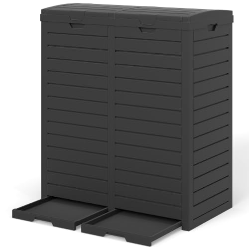 GIANTEX Mülleimer 2 Fächer Outdoor, 235 L, Abfalleimer mit Doppeldeckel & Griff, Mülltonne Abfalltonne Garten, Abfallcontainer mit ausziehbarer Auffangschale, wasserdichter Müllbehälter Müllcontainer