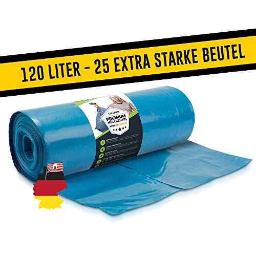 Müllsäcke 120L Blau - 25 Stück - Extrem Reißfest - Abfallsäcke - Abfall Beutel XXL - Typ 100 Extra - Müllbeutel 120 L - 70 µ - 700x1100 mm - LDPE - Großer Müllsack - 120 Liter - Super Stark Mülltüten