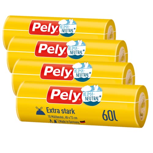 Pely Zugband Müllbeutel extra stark - klimaneutralisiert durch Kompensation, Vorteilspack (4 x 10 Stück), gelb, für die Entsorgung von Restabfall (60 Liter)