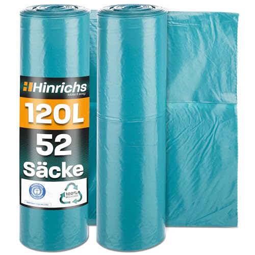 Hinrichs Müllsäcke 120L extra Stark - 2x 26er Rolle - 70x110 cm - Extrem reißfeste Müllbeutel - Mülltüten aus Recycling LDPE - Blaue Säcke - Abfallsäcke für Garten, Haushalt & Baustelle