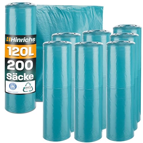 Hinrichs Müllsäcke 120L extra Stark - 8x 25er Rolle - 70x110 cm - Extrem reißfeste Müllbeutel - Mülltüten aus Recycling LDPE - Blaue Säcke - Abfallsäcke für Garten, Haushalt & Baustelle