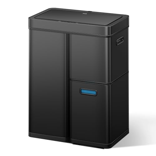 EKO Mülleimer mit 3 Fächer, 2 x 15 L und 30 L, Mülleimer mit Sensor, 3 Kunststoff Inneneimer, Automatischer Abfalleimer mit Deckel, großer Mülleimer Küche 60l, Mattschwarz