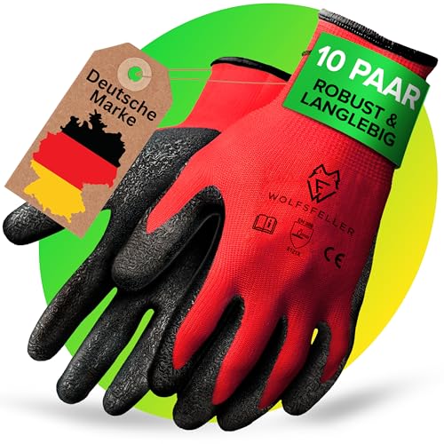 WOLFSFELLER 10 Paar robuste & komfortable Handschuhe Arbeitshandschuhe Herren Gr 9 - Arbeitshandschuhe Damen - Gartenhandschuhe Herren - Mechaniker Handschuhe mit Latex Beschichtung