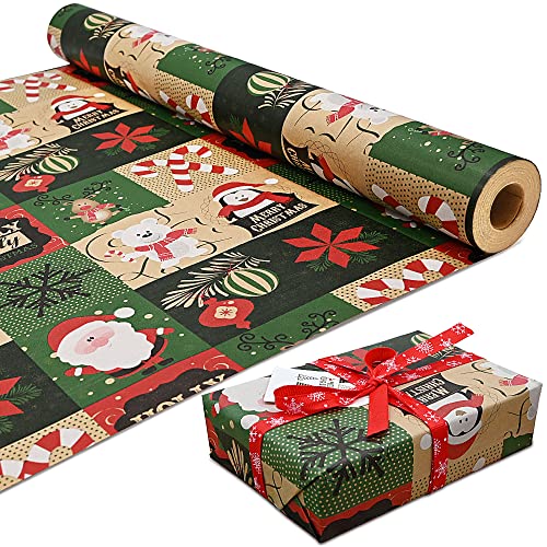 DOJoykey 43cm x 15M Rollenpaket Weihnachts Geschenkpapier, Kraftpapier gedruckt mit Weihnachtsmuster recycelbares Verpackungspapier für Weihnachtsfeier-Geschenkverpackung