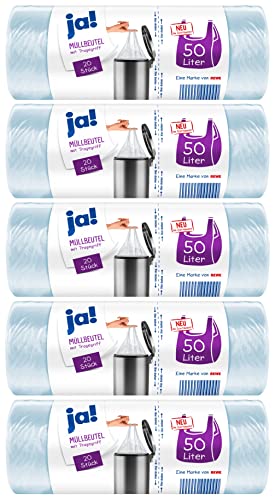 ja! 100 Müllbeutel/Mülltüten mit Tragegriff, 50 Liter, 20 Stück pro Rolle, reißfeste Bodennaht, transparent, 5 Rollen