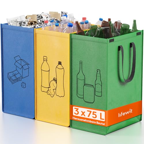 Lifewit Mülltrennsystem für Küche, Mülleimer 3 fächer für Papier, Glas und Plastik, Recycling behälter, Altpapier sammelbehälter und Pfandflaschen sammelbehälter, 3 X 75L, Einfache Entleerung