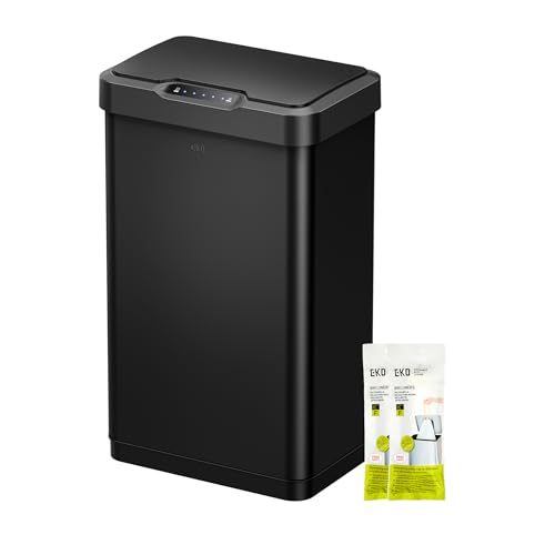 EKO Mirage-T 50L Mülleimer mit Sensor, Edelstahl Automatischer Abfalleimer für die Küche, rechteckiger elektrischer Mülleimer, Soft Closing Deckel, Fingerabdruckresistente, Matt Schwarz