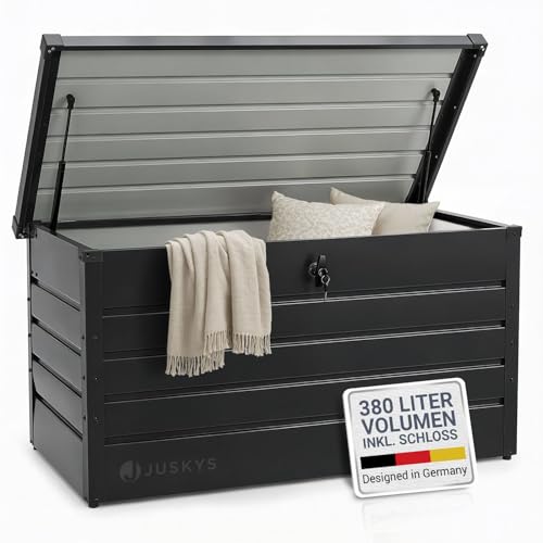 Juskys Metall Aufbewahrungsbox Limani 380 Liter - Outdoor Box - wasserdicht, abschließbar - Gartenbox, Auflagenbox, Kissenbox für Garten Anthrazit