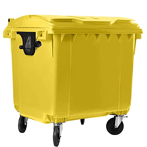 Hardwex Müllcontainer mit 4 Rädern mit Flachdeckel, Müllgroßbehälter, Abfalltonne, Mülltonne, Volumen: 1 100 Liter, Farbe: Gelb, Größe: 1 344 x 1 370 x 1 070 mm