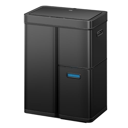 EKO Mirage Plus Mülleimer mit 3 Fächer, 2 x 15 L und 30 L, Recycler Mülleimer mit Sensor, 3 Kunststoff Inneneimer, Automatischer Abfalleimer mit Deckel, großer Mülleimer Küche 60l, Mattschwarz