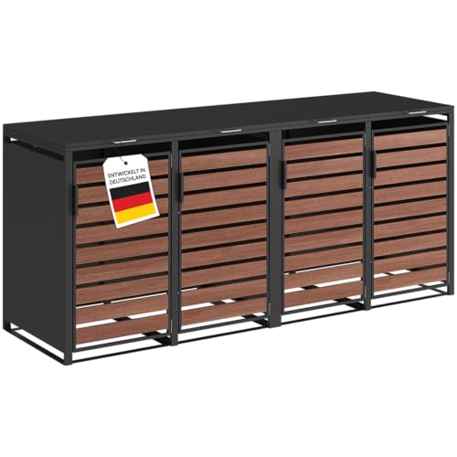 STEELSØN Kestra Mülltonnenbox 4er bis 240L – Mülltonnenverkleidung Stahl mit Sichtstreifen in Nußbaum-Holzoptik – hochwertige Müllcontainer 4 Tonnen – Müllbox in Graphitschwarz – Gerätebox wetterfest
