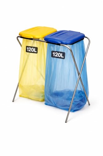 ENTIGO Müllsackständer 120 l, Müllsackhalter, Ständer für Müllsäcke, Abfalltrenner Müllbeutelhalter rostfrei innen außen, Klappe mit Beutelhalter, recycelter Kunststoff (Gelb+Blau)