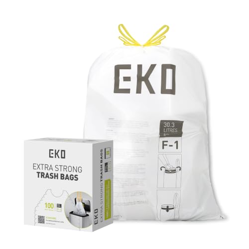 EKO extralange Müllbeutel mit Zugband, 30 Liter Müllsäcke, 100 Beutel, extra stark, Schnellzugriffsbox, perfekte Passform für Mülleimer, auslaufsicher, weiß, Größe F-1