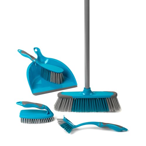 Beldray 5-teiliges Kehrschaufel Set, Reinigungsset, Besen mit weichen Borsten, Kehrschaufel, Bürste, Schrubber und Spülbürste, Reinigungsutensilien, Frühjahrsputzset, Kehren, weiche Griffe, türkis