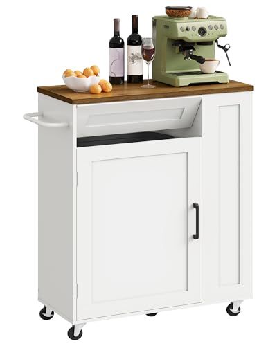 CHOEZON Rollbarer Kücheninselwagen mit Stauraum, Kücheninseltisch mit Mülleimer, 5 Lenkrollen, Schublade, Gewürzregal und Handtuchhalter für Küche, Esszimmer und Wohnzimmer, Weiß und Walnuss DMZD06WL