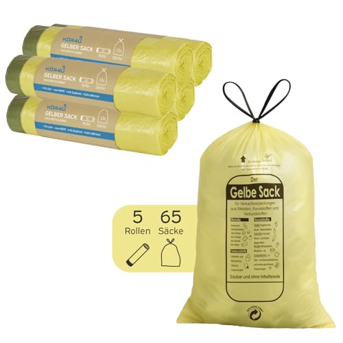 kör4u Gelber Sack mit Zugband - 5 Rollen (65 Stück), 90 Liter Müllsäcke, 15 Mikrometer stark, reißfest, Wertstoffsäcke für Verpackungsmüll