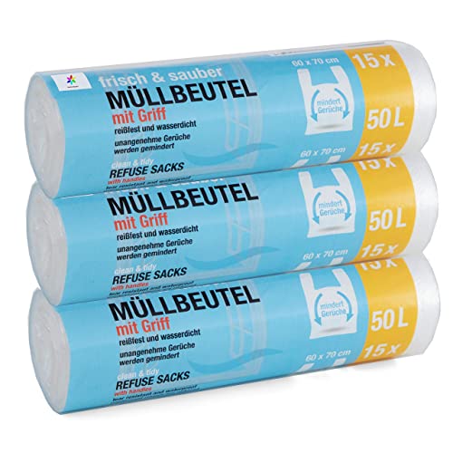 45 Stück Müllbeutel Premiumline: 50 Liter, 3er Pack, Größe: 60 x 70 cm - Besonders reißfest und wasserdicht - Mit Trage-Griff/Henkel