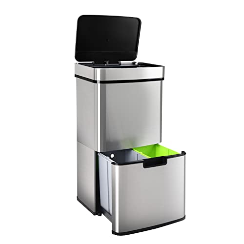 Gardtech Mülleimer Küche mit Sensor 62 Liter, Automatisch Edelstahl Abfalleimer mit 3 fächer Mülltrennsystem & Softclose Deckel, Geruchsdicht & Hygienisch, Volumen von 2 x 12.5L und 37L für Familie