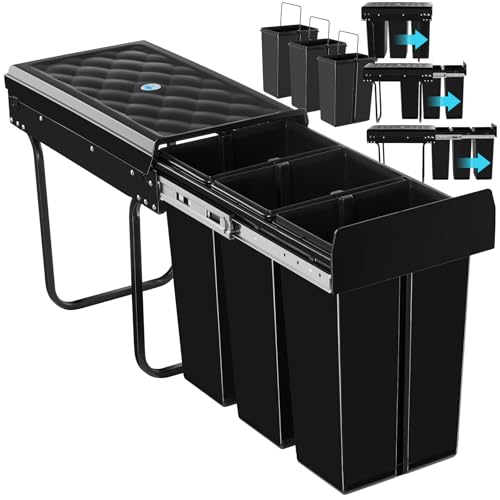 tectake® Abfallsammler, Mülleimer 3 Fächer, Mülltrennsystem Küche, für Schrank, Mülleimer Küche ausziehbar, Einbaumülleimer, Abfalleimer Küche. Mülleimer Küche Unterschrank - 3x 10L
