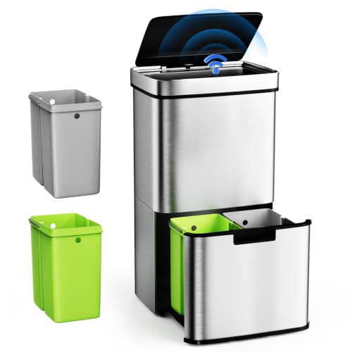 Gardtech Mülleimer Küche mit Sensor 62 Liter, Automatisch Edelstahl Abfalleimer mit 3 fächer Mülltrennsystem & Softclose Deckel, Geruchsdicht & Hygienisch, Volumen von 2 x 12.5L und 37L für Familie