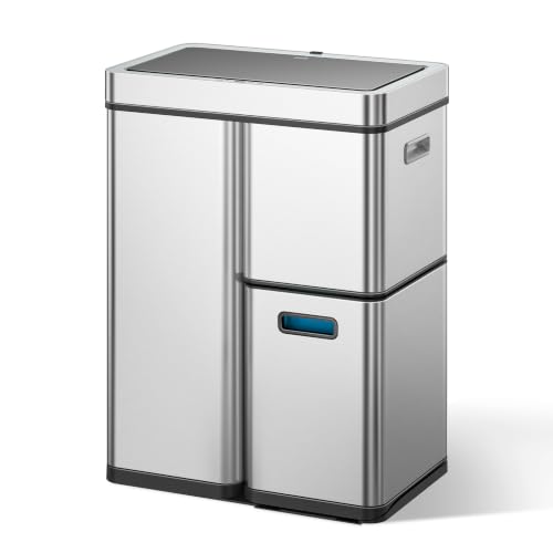 EKO Mirage Plus Mülltrennsystem mit 3 Fächer, 2 x 15 L und 30 L, Recycler Mülleimer mit Sensor, 3 Kunststoff Inneneimer, Automatischer Abfalleimer mit Deckel, großer Mülleimer Küche 60l, Edelstahl